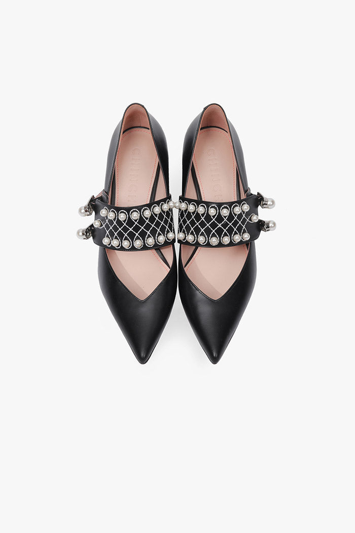 Leather Pearls Pointed Pumps